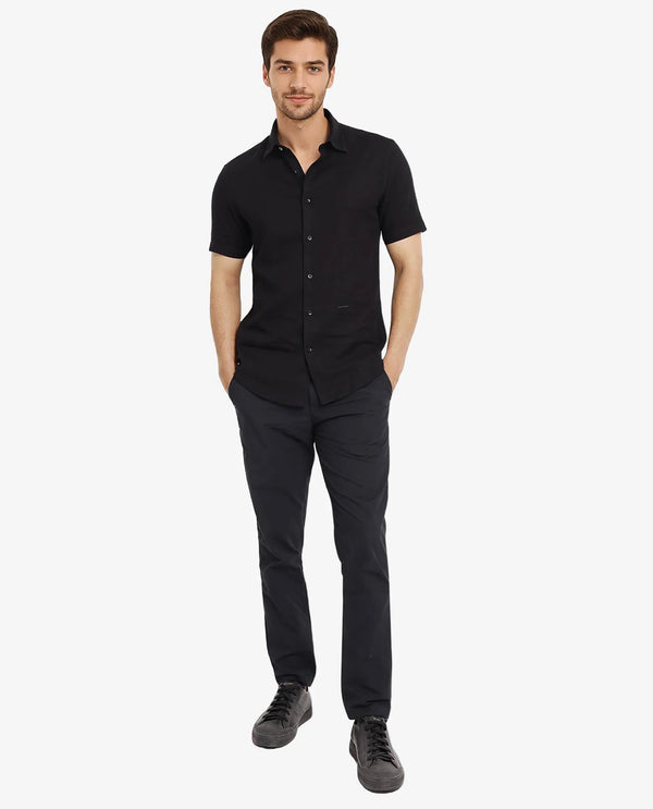 Rare Rabbit Men's Matto-1 Black Cotton Fabric Short Sleeve Regular Fit Self Stripe Dobby Shirt
