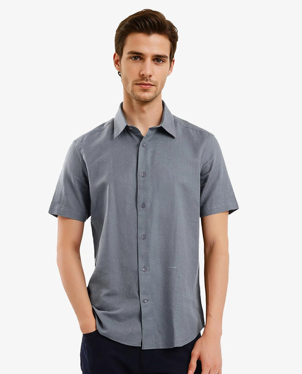 Rare Rabbit Men Matto-1 Dusky Petrol Cotton Fabric Short Sleeve Regular Fit Self Stripe Dobby Shirt