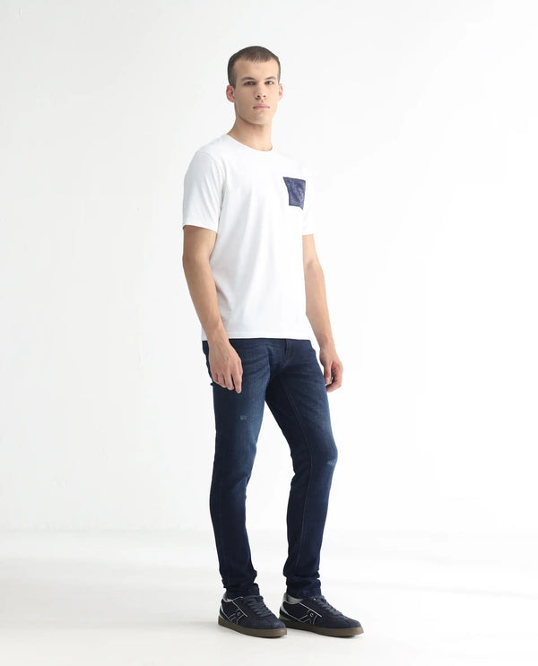 Rare Rabbit Men's Movado Blue Mid Wash Mid-Rise Slim Fit Distressed Jeans