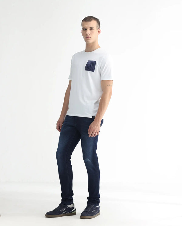 Rare Rabbit Men's Movado Blue Mid Wash Mid-Rise Slim Fit Distressed Jeans