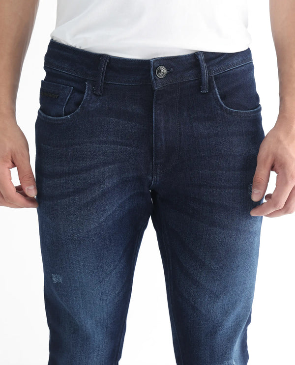 Rare Rabbit Men's Movado Blue Mid Wash Mid-Rise Slim Fit Distressed Jeans