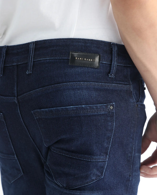 Rare Rabbit Men's Movado Blue Mid Wash Mid-Rise Slim Fit Distressed Jeans
