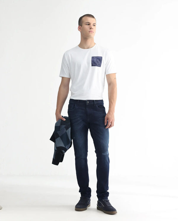 Rare Rabbit Men's Movado Blue Mid Wash Mid-Rise Slim Fit Distressed Jeans