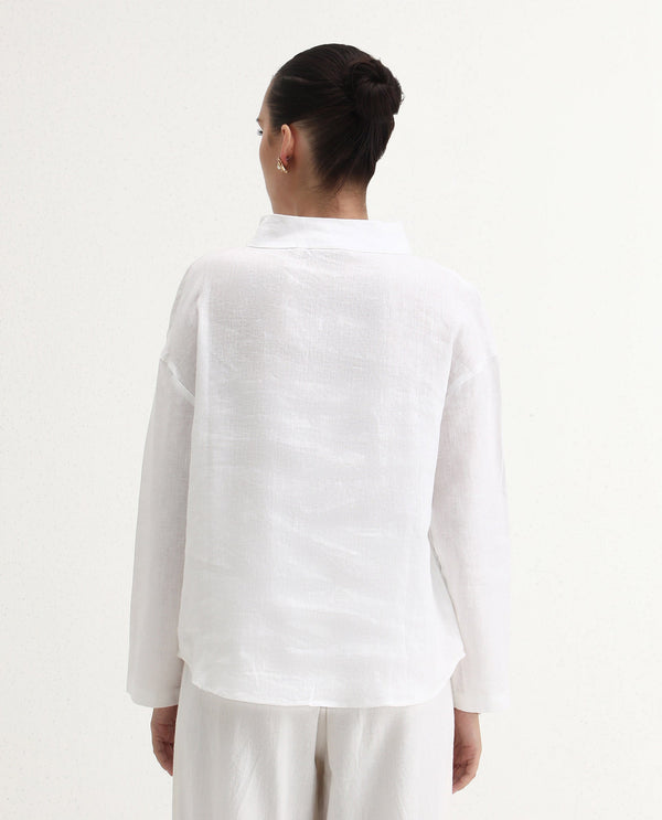 Rareism Women Mayotte White Cotton Linen Fabric Regular Sleeves Collared Neck Solid Regular Length Top