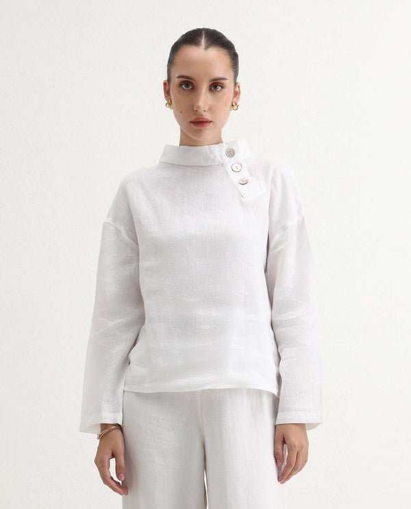 Rareism Women Mayotte White Cotton Linen Fabric Regular Sleeves Collared Neck Solid Regular Length Top