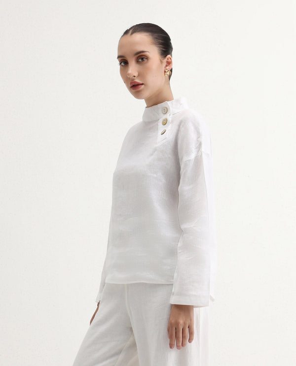 Rareism Women Mayotte White Cotton Linen Fabric Regular Sleeves Collared Neck Solid Regular Length Top