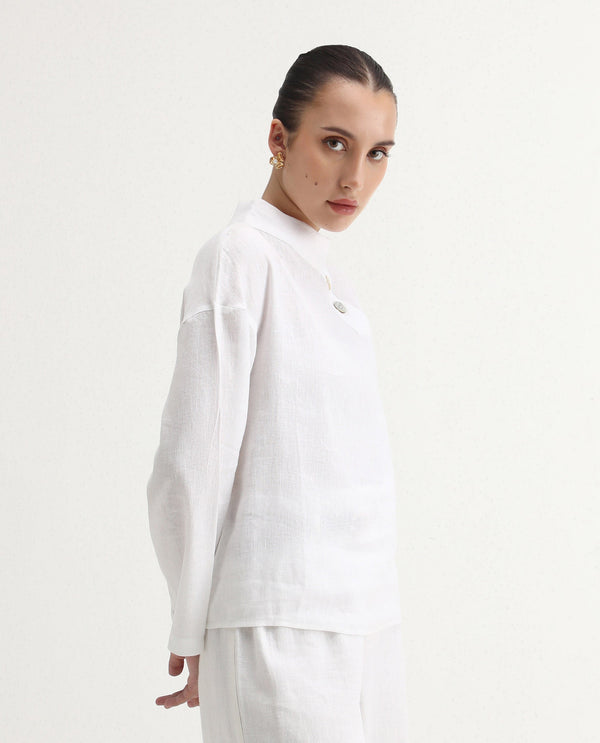 Rareism Women Mayotte White Cotton Linen Fabric Regular Sleeves Collared Neck Solid Regular Length Top