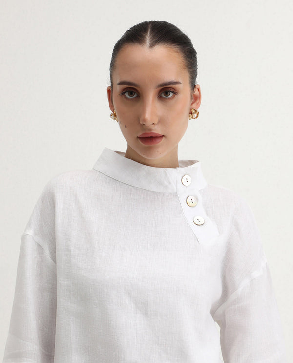 Rareism Women Mayotte White Cotton Linen Fabric Regular Sleeves Collared Neck Solid Regular Length Top