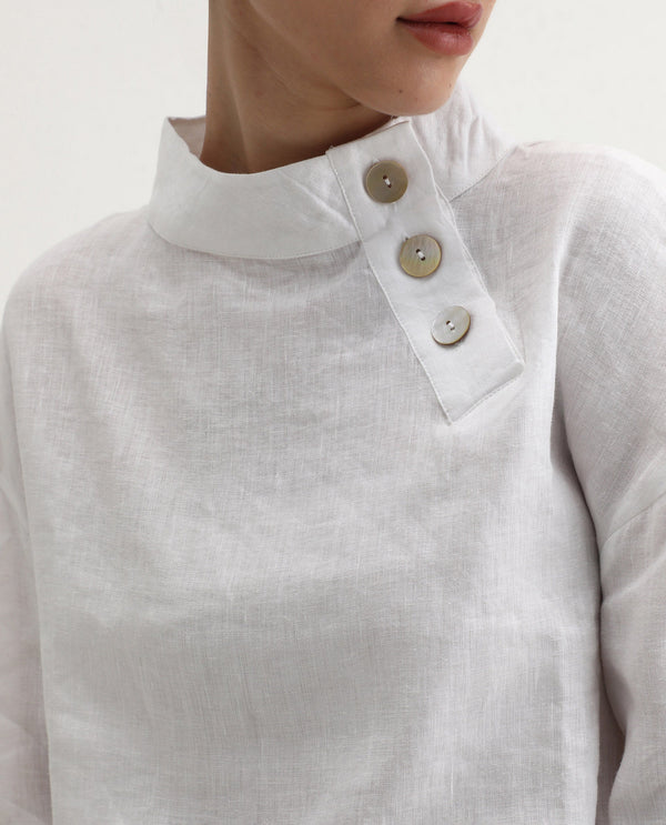 Rareism Women Mayotte White Cotton Linen Fabric Regular Sleeves Collared Neck Solid Regular Length Top