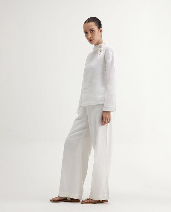 Rareism Women Mayotte White Cotton Linen Fabric Regular Sleeves Collared Neck Solid Regular Length Top