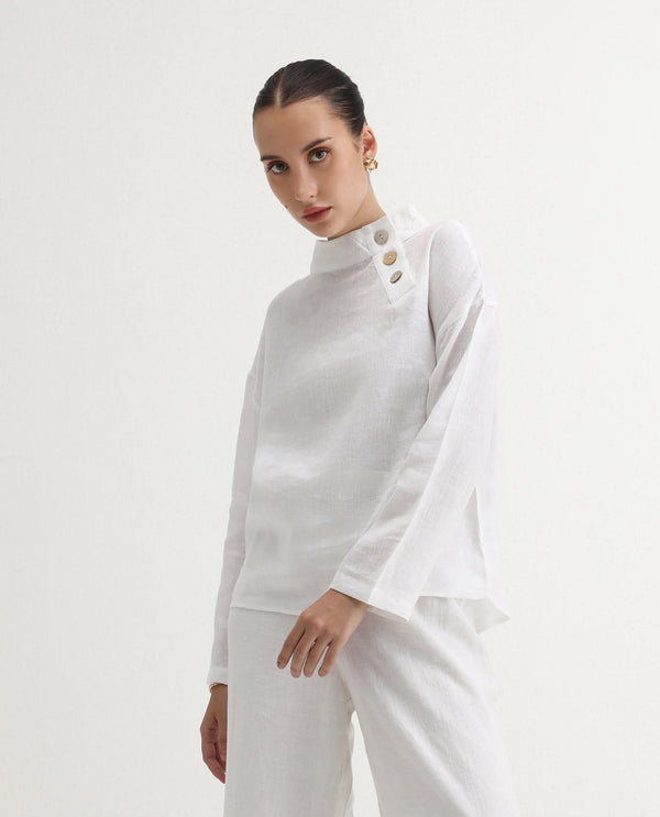 Rareism Women Mayotte White Cotton Linen Fabric Regular Sleeves Collared Neck Solid Regular Length Top