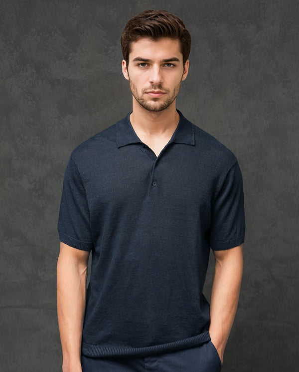 Rare Rabbit Men's Mekko Navy Half Sleeves Solid Polo T-Shirt