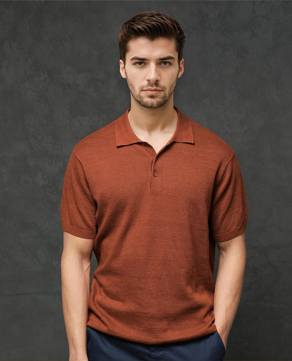 Rare Rabbit Men's Mekko Rust Half Sleeves Solid Polo T-Shirt