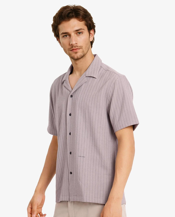 Rare Rabbit Men's Melon Dusky Purple Poly Blend Fabric Half Sleeve Cuban Collared Boxy Fit Striped Shirt
