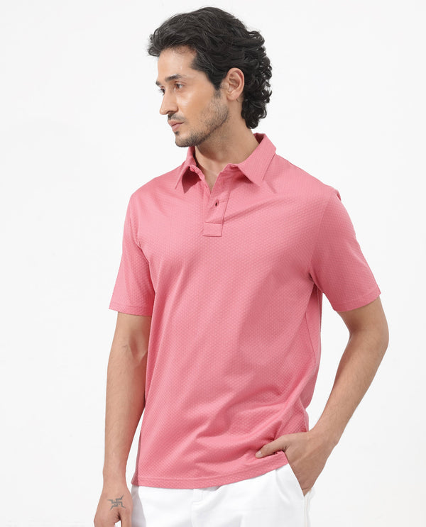 Rare Rabbit Mens Nielson Pastel Pink Cotton Fabric Short Sleeve Jacquard Polo T-Shirt