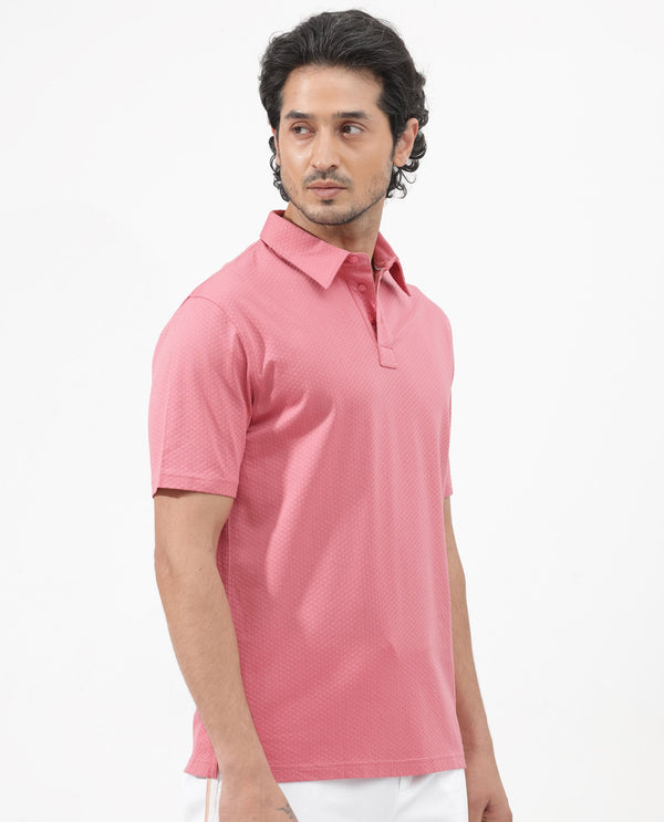 Rare Rabbit Mens Nielson Pastel Pink Cotton Fabric Short Sleeve Jacquard Polo T-Shirt