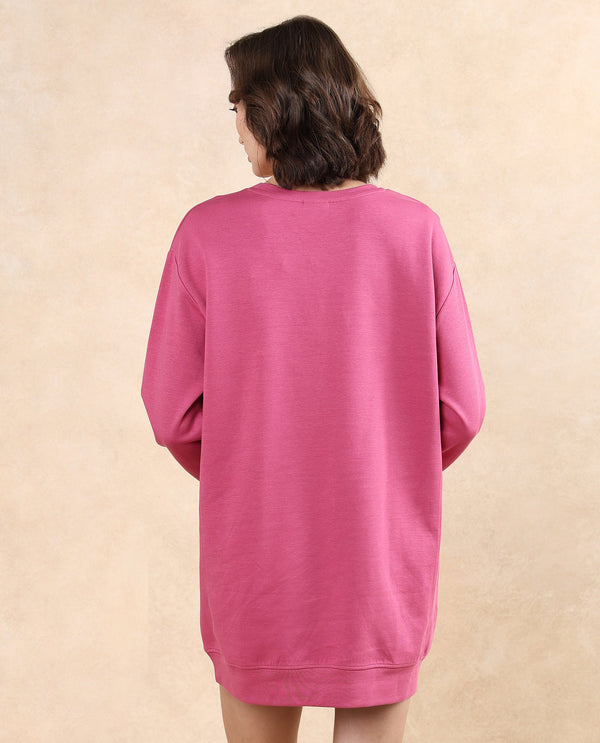 Rareism Women Merchant Dark Pink Full Sleeve Crew Neck Relaxed Fit Mini Plain Dress