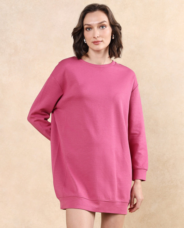 Rareism Women Merchant Dark Pink Full Sleeve Crew Neck Relaxed Fit Mini Plain Dress