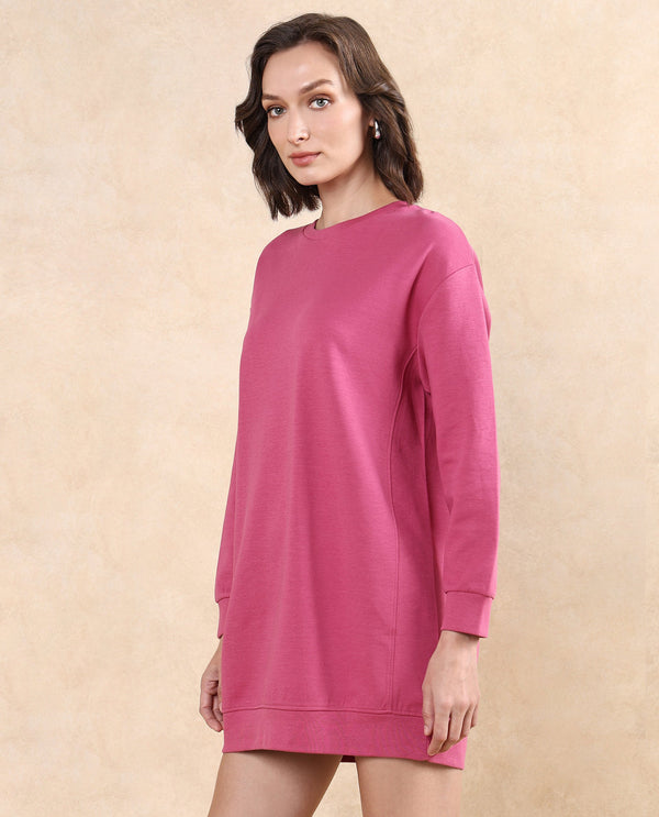 Rareism Women Merchant Dark Pink Full Sleeve Crew Neck Relaxed Fit Mini Plain Dress