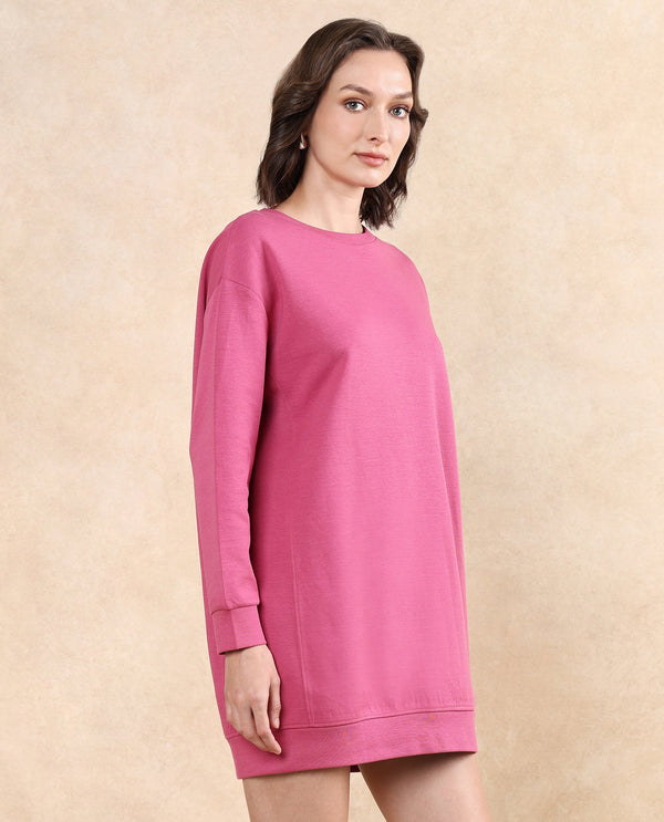 Rareism Women Merchant Dark Pink Full Sleeve Crew Neck Relaxed Fit Mini Plain Dress