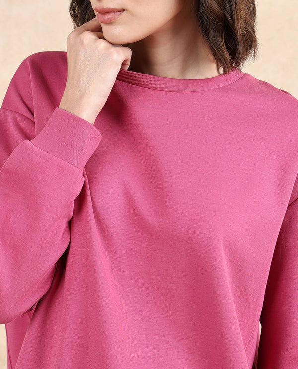 Rareism Women Merchant Dark Pink Full Sleeve Crew Neck Relaxed Fit Mini Plain Dress