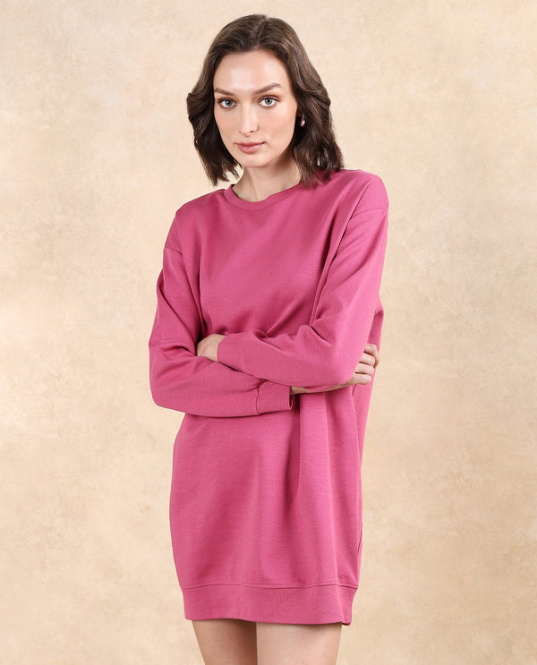 Rareism Women Merchant Dark Pink Full Sleeve Crew Neck Relaxed Fit Mini Plain Dress