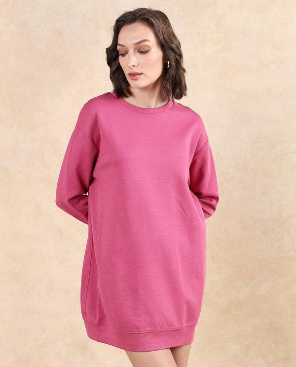 Rareism Women Merchant Dark Pink Full Sleeve Crew Neck Relaxed Fit Mini Plain Dress