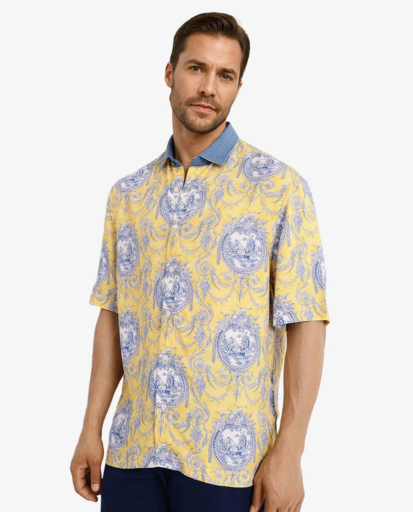 Rare Rabbit Mens Meridin Yellow Viscose Half Sleeve Boxy Fit Decorative Art Print Shirt