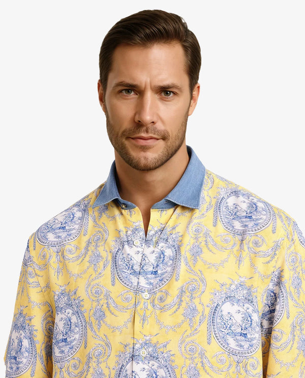 Rare Rabbit Mens Meridin Yellow Viscose Half Sleeve Boxy Fit Decorative Art Print Shirt