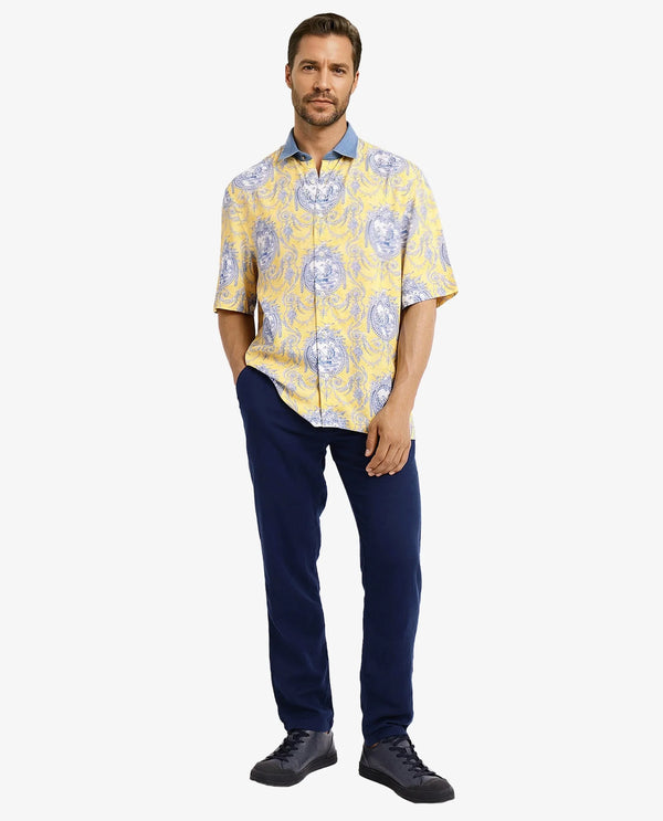 Rare Rabbit Mens Meridin Yellow Viscose Half Sleeve Boxy Fit Decorative Art Print Shirt
