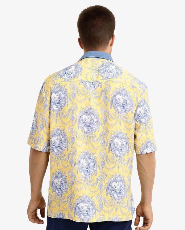 Rare Rabbit Mens Meridin Yellow Viscose Half Sleeve Boxy Fit Decorative Art Print Shirt