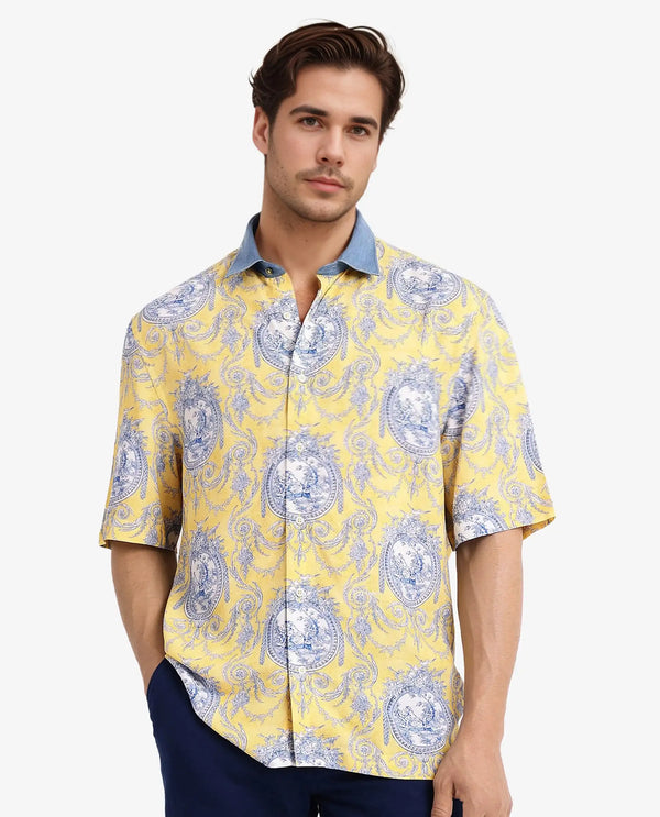 Rare Rabbit Mens Meridin Yellow Viscose Half Sleeve Boxy Fit Decorative Art Print Shirt