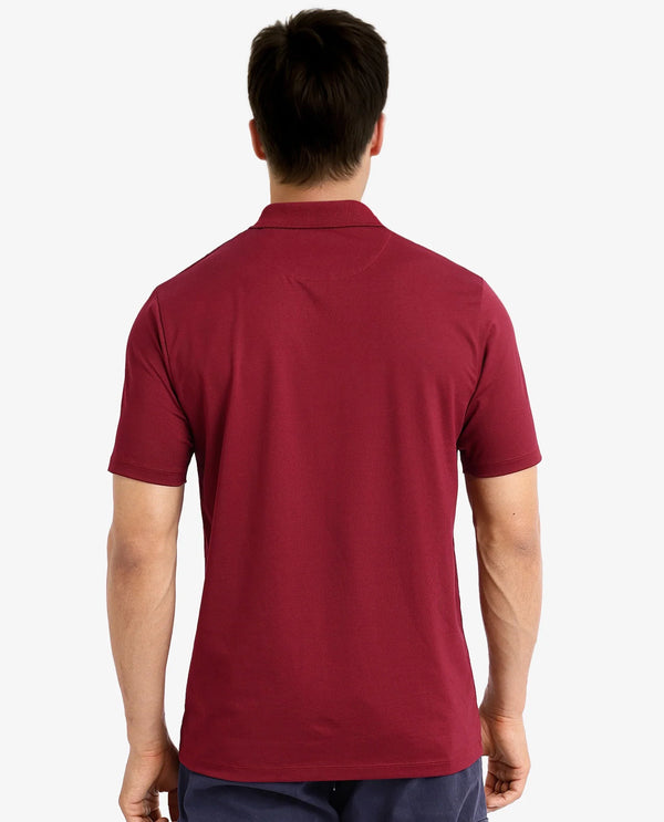 Rare Rabbit Men Merko Maroon Cotton Blend Fabric Short Sleeve Collared Neck Snap Button Closure Leather Badge Detail Plain Polo T-Shirt