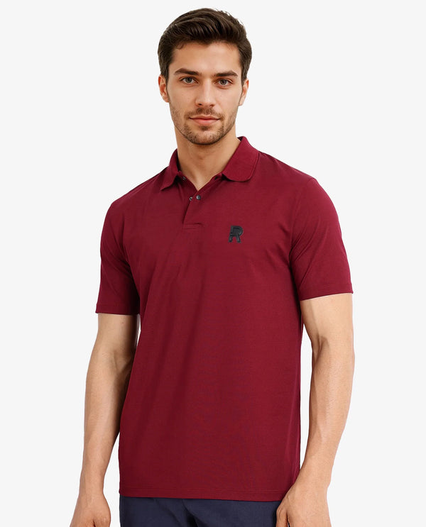 Rare Rabbit Men Merko Maroon Cotton Blend Fabric Short Sleeve Collared Neck Snap Button Closure Leather Badge Detail Plain Polo T-Shirt