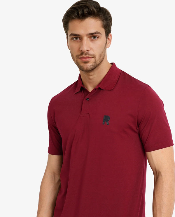 Rare Rabbit Men Merko Maroon Cotton Blend Fabric Short Sleeve Collared Neck Snap Button Closure Leather Badge Detail Plain Polo T-Shirt