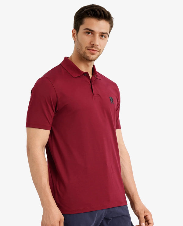 Rare Rabbit Men Merko Maroon Cotton Blend Fabric Short Sleeve Collared Neck Snap Button Closure Leather Badge Detail Plain Polo T-Shirt
