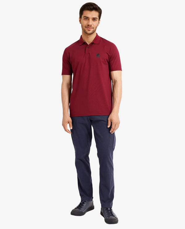 Rare Rabbit Men Merko Maroon Cotton Blend Fabric Short Sleeve Collared Neck Snap Button Closure Leather Badge Detail Plain Polo T-Shirt