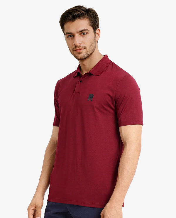Rare Rabbit Men Merko Maroon Cotton Blend Fabric Short Sleeve Collared Neck Snap Button Closure Leather Badge Detail Plain Polo T-Shirt