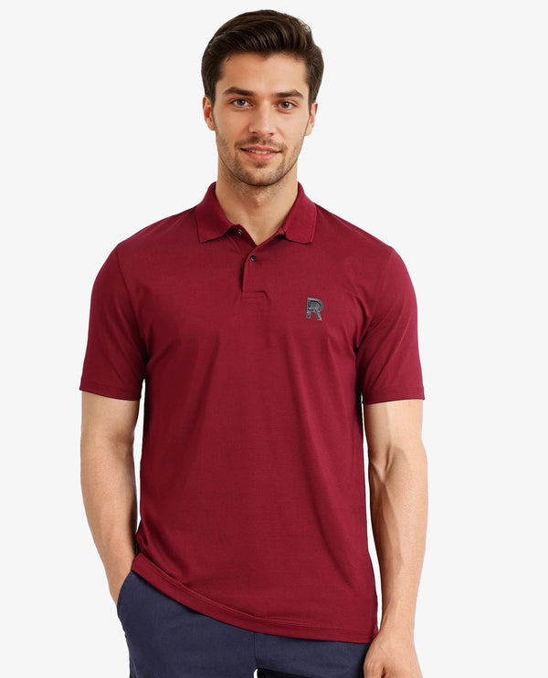 Rare Rabbit Men Merko Maroon Cotton Blend Fabric Short Sleeve Collared Neck Snap Button Closure Leather Badge Detail Plain Polo T-Shirt