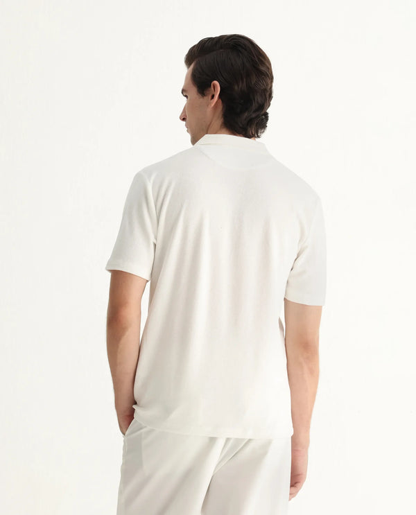 Rare Rabbit Men's Merk White Cotton Polyester Fabric Short Sleeve Johnny Collar Regular Fit Towel Terry Textured Polo T-Shirt