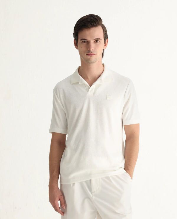 Rare Rabbit Men's Merk White Cotton Polyester Fabric Short Sleeve Johnny Collar Regular Fit Towel Terry Textured Polo T-Shirt