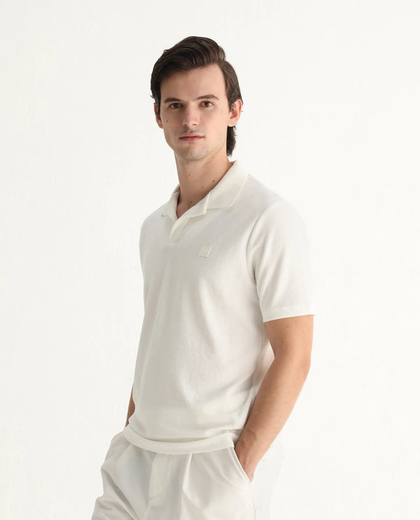 Rare Rabbit Men's Merk White Cotton Polyester Fabric Short Sleeve Johnny Collar Regular Fit Towel Terry Textured Polo T-Shirt