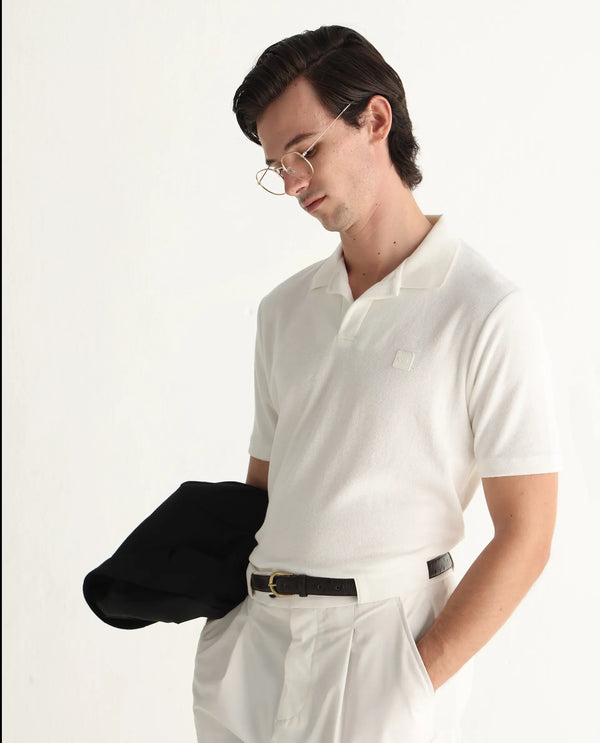 Rare Rabbit Men's Merk White Cotton Polyester Fabric Short Sleeve Johnny Collar Regular Fit Towel Terry Textured Polo T-Shirt