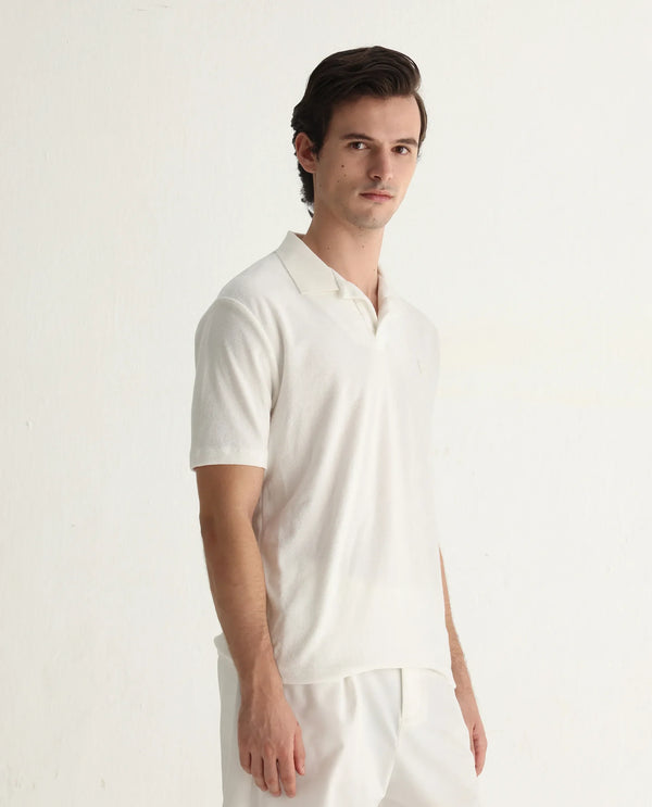Rare Rabbit Men's Merk White Cotton Polyester Fabric Short Sleeve Johnny Collar Regular Fit Towel Terry Textured Polo T-Shirt