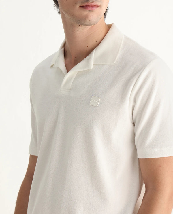 Rare Rabbit Men's Merk White Cotton Polyester Fabric Short Sleeve Johnny Collar Regular Fit Towel Terry Textured Polo T-Shirt