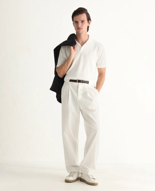 Rare Rabbit Men's Merk White Cotton Polyester Fabric Short Sleeve Johnny Collar Regular Fit Towel Terry Textured Polo T-Shirt