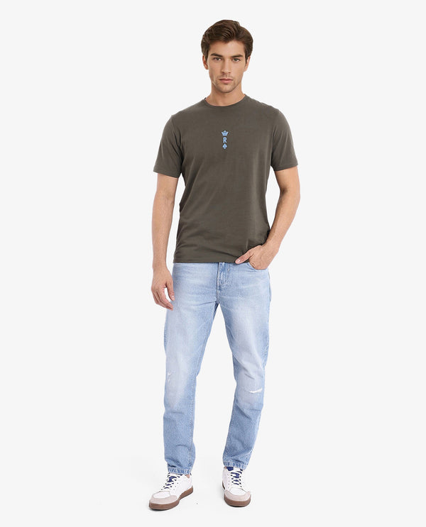 Rare Rabbit Men Miam Olive Cotton Lycra Fabric Short Sleeve Crew Neck Regular Fit Flock Printed Crown T-Shirt
