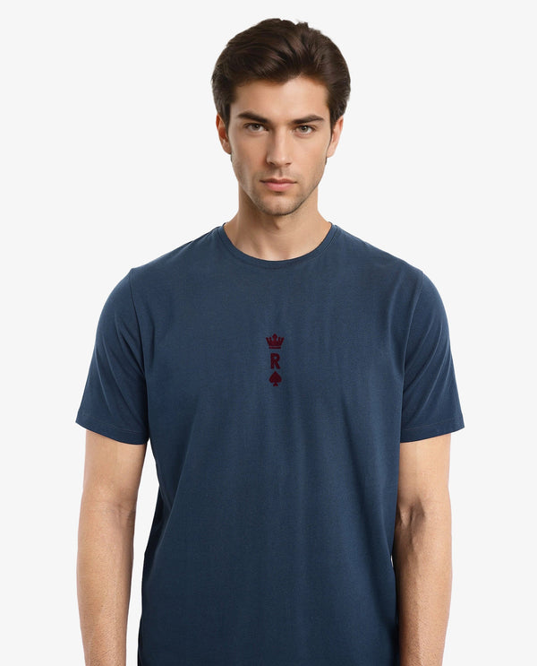 Rare Rabbit Men Miam Petrol Cotton Lycra Fabric Short Sleeve Crew Neck Regular Fit Flock Printed Crown T-Shirt