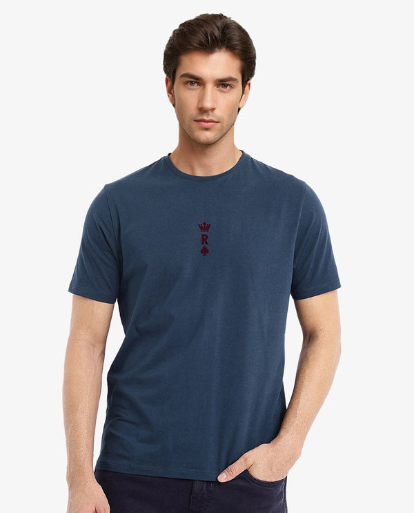 Rare Rabbit Men Miam Petrol Cotton Lycra Fabric Short Sleeve Crew Neck Regular Fit Flock Printed Crown T-Shirt