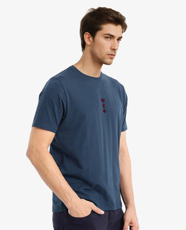 Rare Rabbit Men Miam Petrol Cotton Lycra Fabric Short Sleeve Crew Neck Regular Fit Flock Printed Crown T-Shirt
